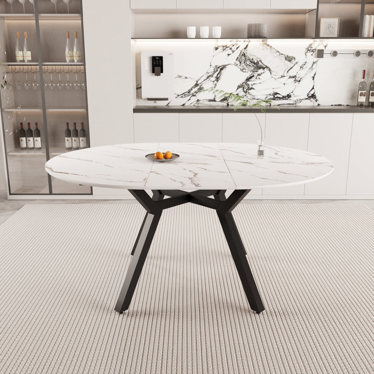 47-63 " extendable white circular dining table, 4-6 person kitchen dining table, modern coffee table with MDF tabletop and metal legs, suitable for kitchen&amp;home