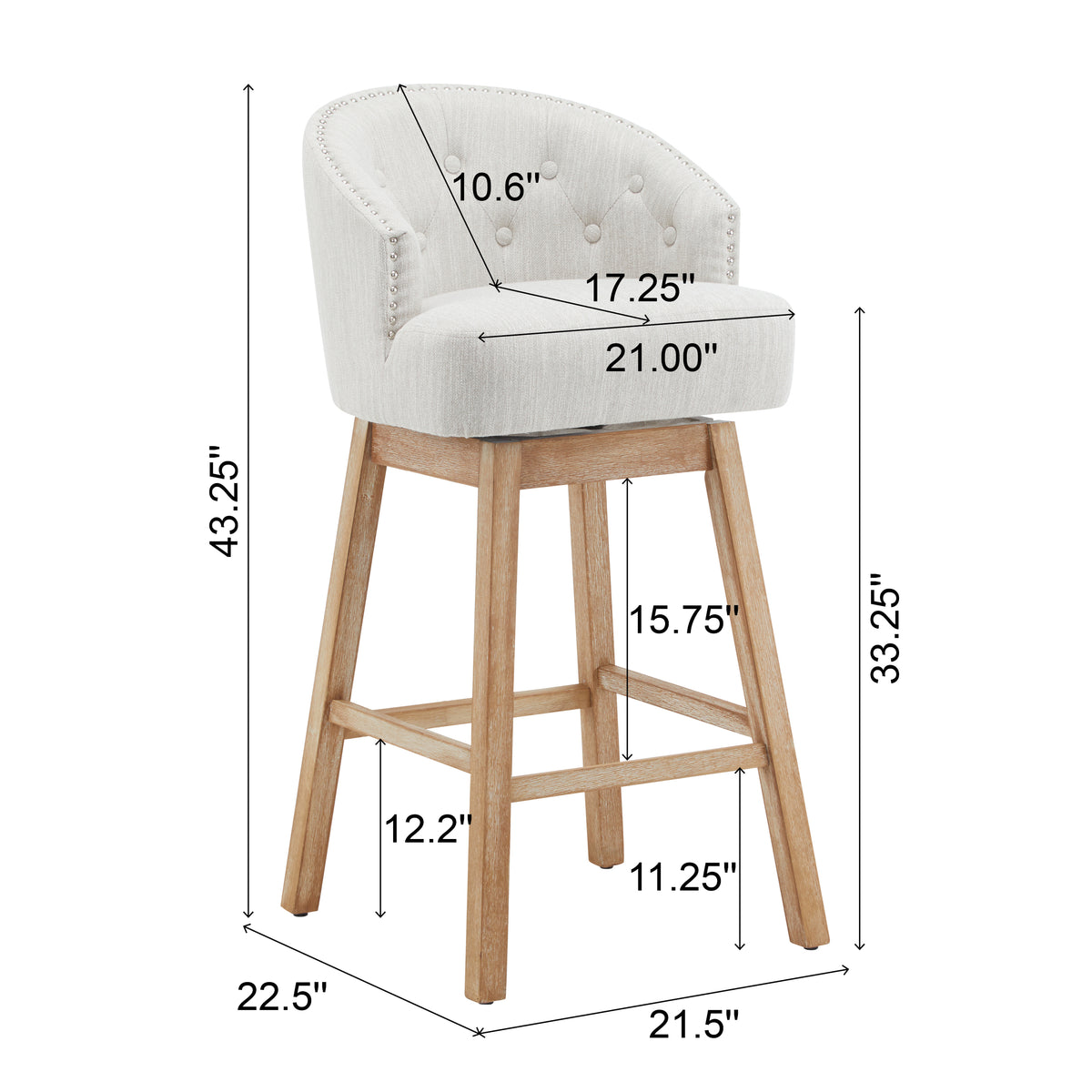 33.25" Swivel Counter Stools Set of 2, Upholstered Counter Height Bar Stools with Solid Rubber Wood Frame, Backrest, Footrest, Armless Barstools for Home Bar, Kitchen Counter, Natural + Beige