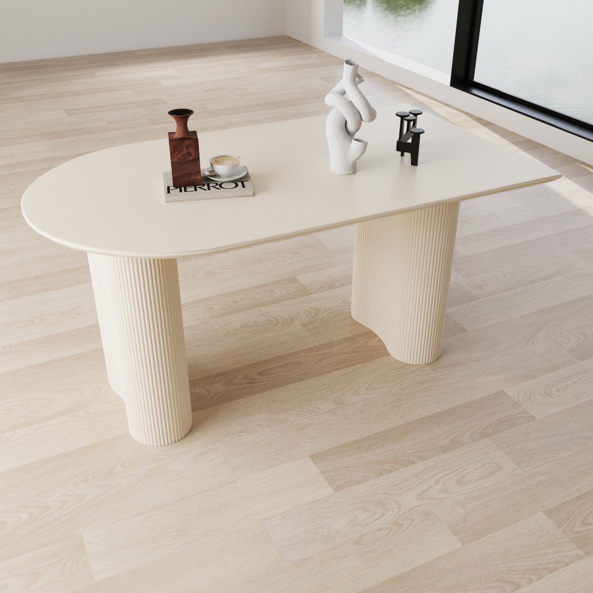 63 "Modern Fashion MDF New Cream Style Dining Table and Irregular Side Table, 4-8 Person Dining Table, Thick Engineering Wood Round Wave Table Legs, Home Kitchen Thick Elegant Cream White Table Top