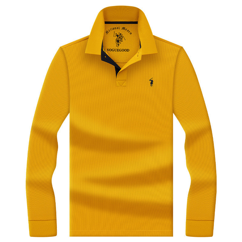 Men's pure cotton polo shirt in bright yellow with embroidered chest detail for classic business casual style.
