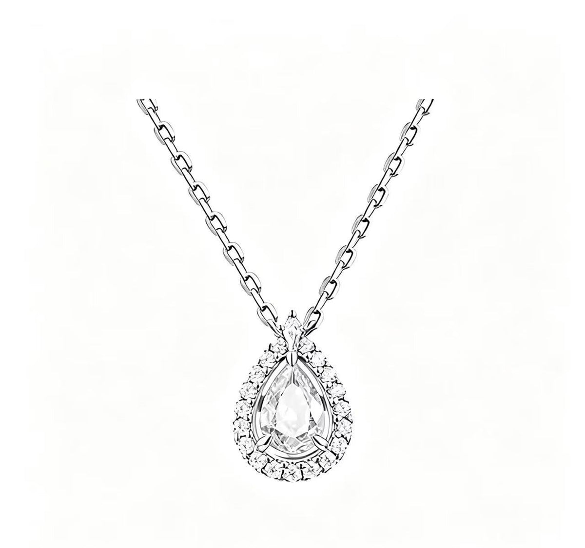 925 Sterling Silver Aquamarine Teardrop Halo Pendant Necklace with a pear-cut crystal centerpiece, elegant gift jewelry.