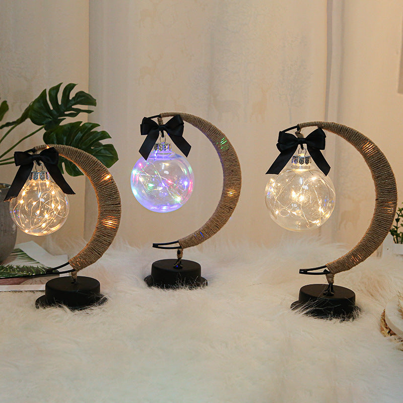 Led Nordic Style Wrought Iron Night Light Retro Hemp Rope Copper Wire Moon Ball Shape Lamp