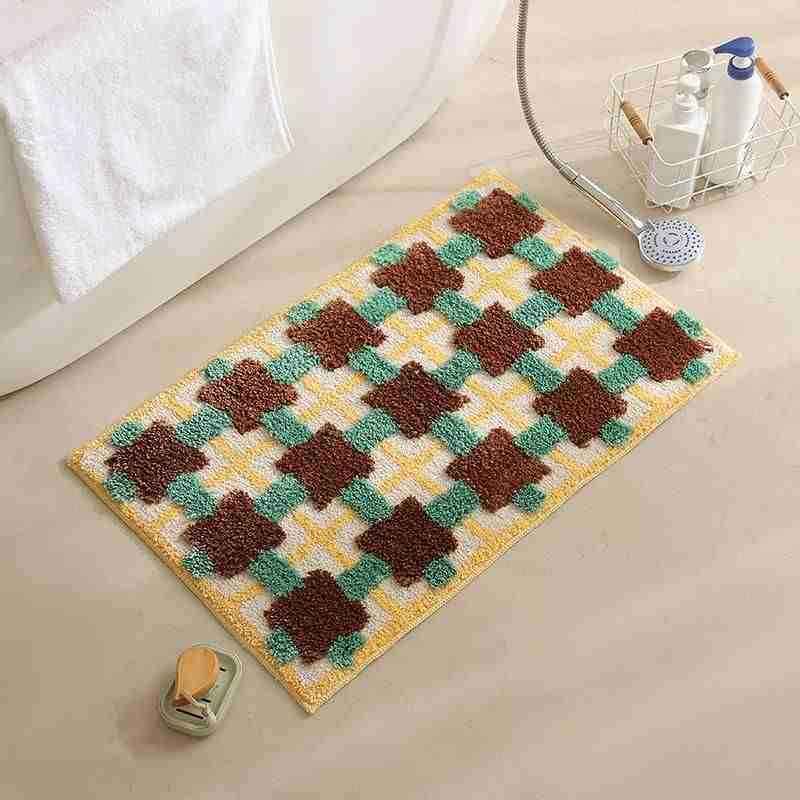 Geometric Checkered Flocking Carpet Bedroom Bedside Blanket High-End Bathroom Door Absorbent Quick-Drying Tufted Floor Mat Non-Slip