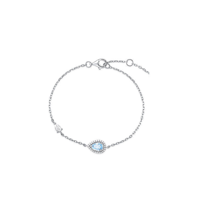 925 Sterling Silver Aquamarine Teardrop Halo Pendant Necklace with pear-cut crystal and halo setting.