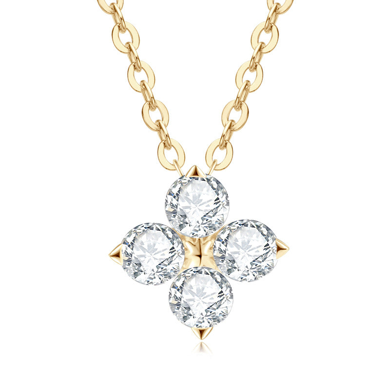 925 Sterling Silver Four-Leaf Clover Moissanite-Style Crystal Pendant Necklace — Lucky Charm Collarbone Chain for Women