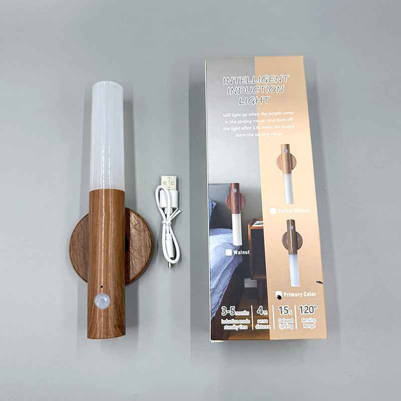 Motion Sensor Night Light — USB Rechargeable Wooden Wall Lamp for Corridors & Hallways