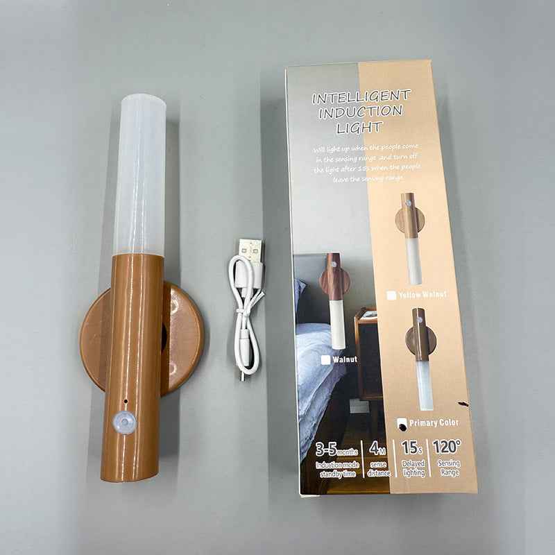 Motion Sensor Night Light — USB Rechargeable Wooden Wall Lamp for Corridors & Hallways
