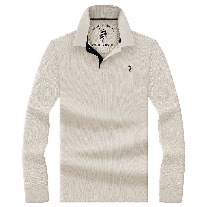 Men's Pure Cotton Polo Shirt in beige with embroidered chest detail for classic business casual wear.
