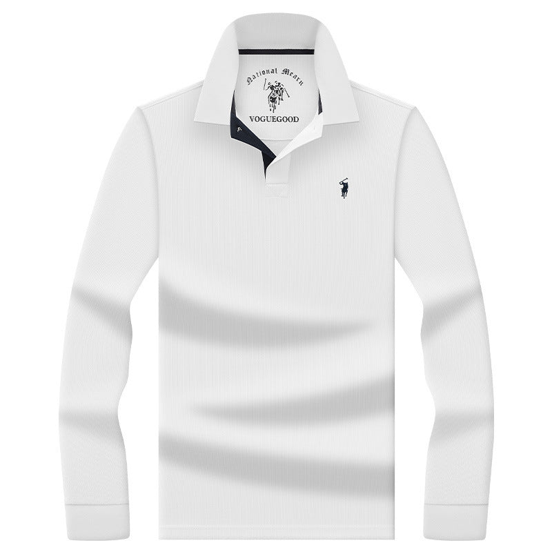 Men's pure cotton polo shirt in white with embroidered chest detail, perfect for business casual wear.