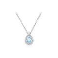 925 Sterling Silver Aquamarine Teardrop Halo Pendant Necklace with pear-cut crystal and halo setting.