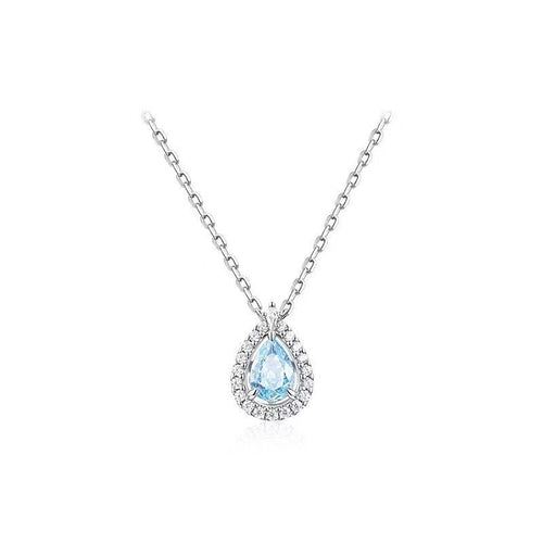 925 Sterling Silver Aquamarine Teardrop Halo Pendant Necklace with pear-cut crystal and halo setting.