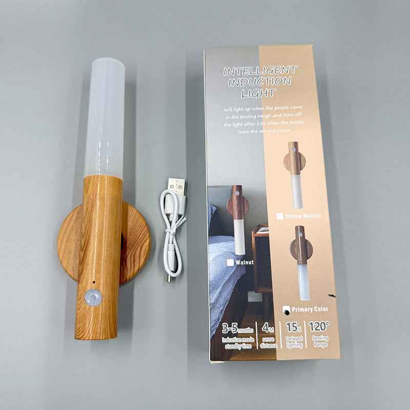 Motion Sensor Night Light — USB Rechargeable Wooden Wall Lamp for Corridors & Hallways