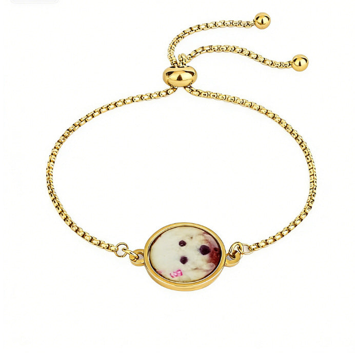 Personalized DIY Photo Stainless Steel Bracelet, custom photo charm bracelet for women with golden chain and photo charm.
