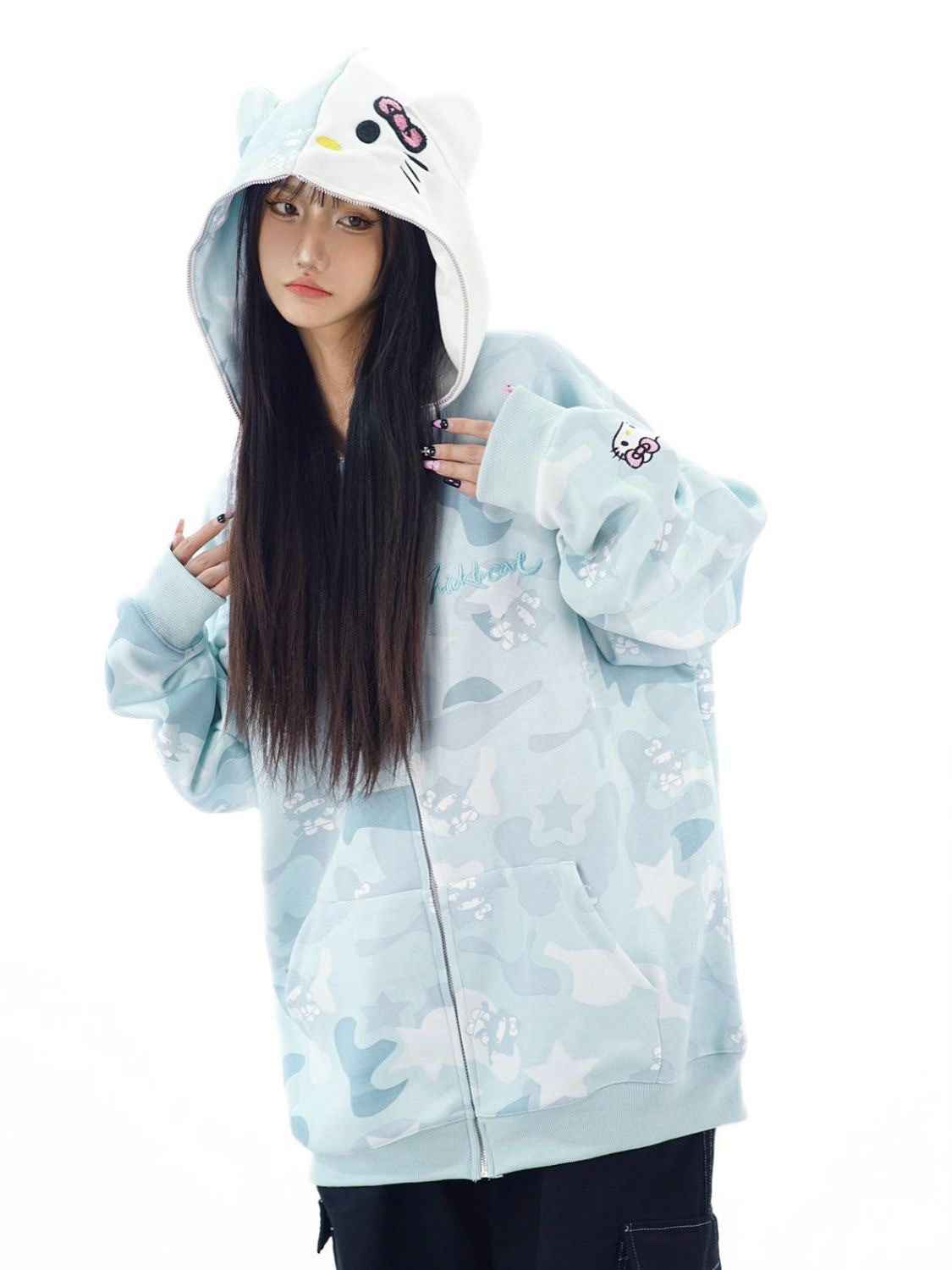 Vintage Camo Kitty Cat Cardigan — Oversized Lazy Style Cotton Sweatshirt Jacket for Women