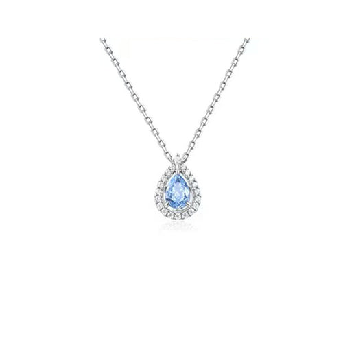 925 Sterling Silver Aquamarine Teardrop Halo Pendant Necklace with pear-cut crystal and halo setting.