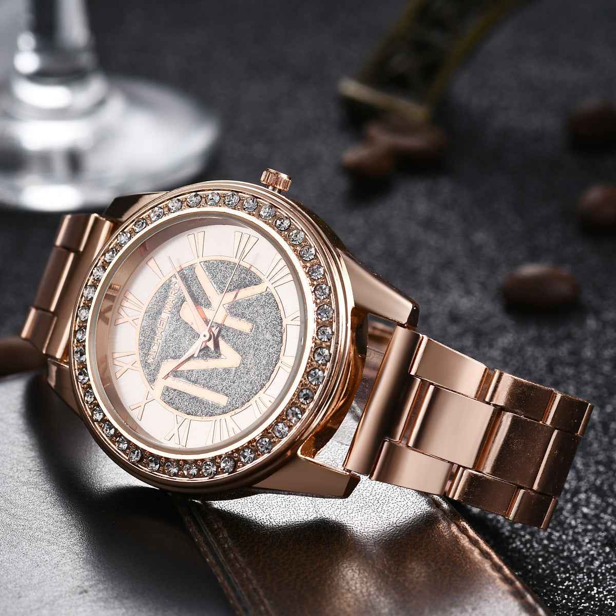 Rhinestone Gradient Quartz Watch — Roman Numeral Dial with Silver Alloy Band