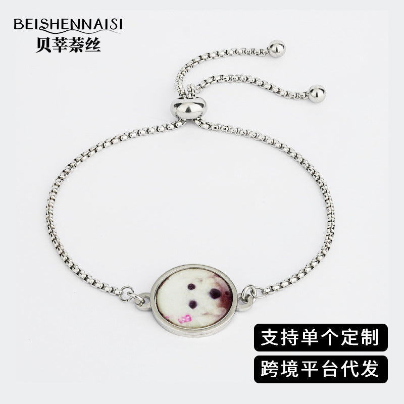Personalized DIY Photo Stainless Steel Bracelet, custom photo charm bracelet for women featuring engraved pet photo charm.