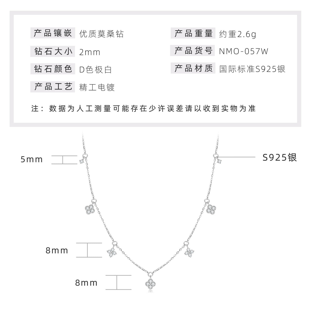 925 Sterling Silver Four-Leaf Clover Moissanite-Style Crystal Pendant Necklace — Lucky Charm Collarbone Chain for Women
