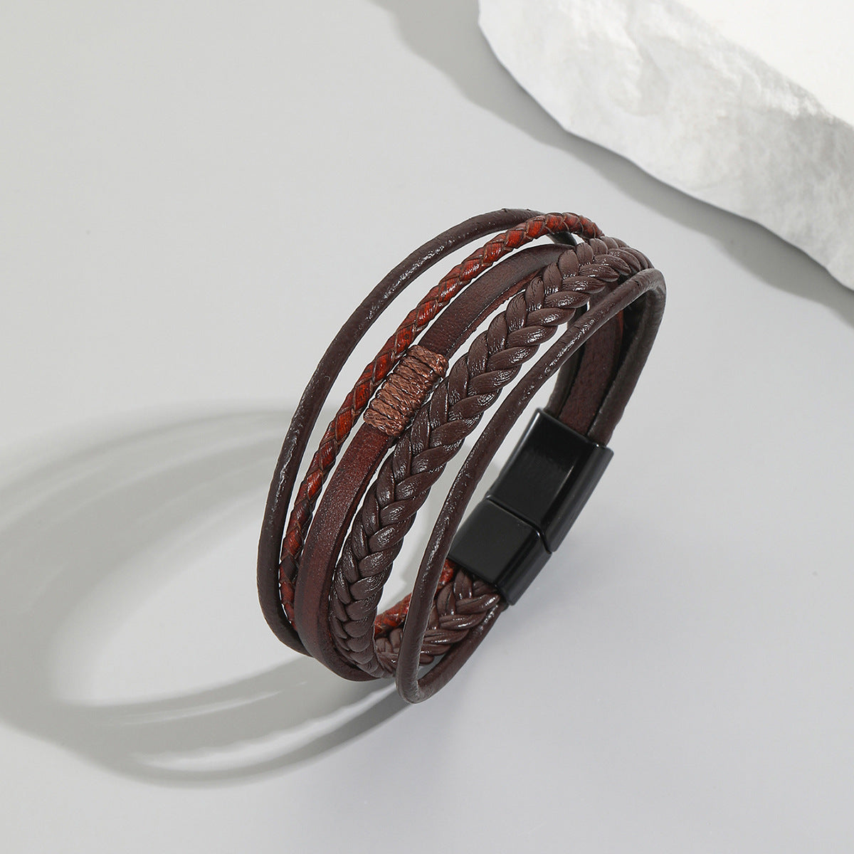 Multi-Strand Braided PU leather men's bracelet in coffee color with magnetic clasp, stylish everyday accessory.