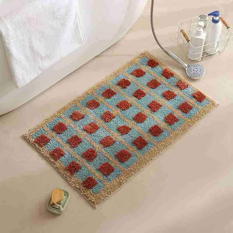 Geometric Checkered Flocking Carpet Bedroom Bedside Blanket High-End Bathroom Door Absorbent Quick-Drying Tufted Floor Mat Non-Slip