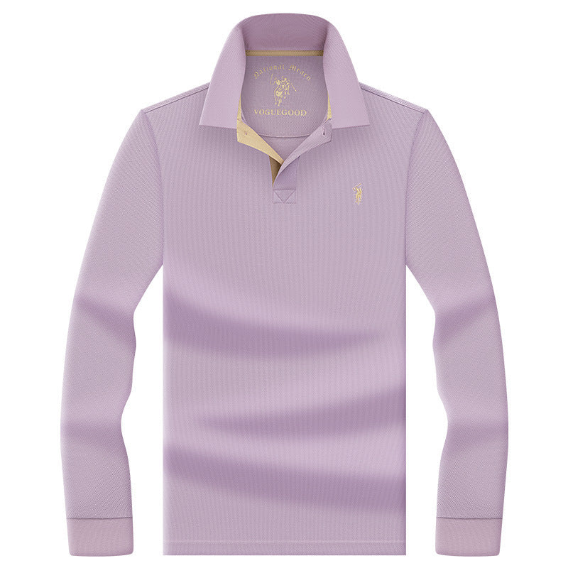 Men's pure cotton polo shirt in light purple with embroidered chest detail for classic business casual style.