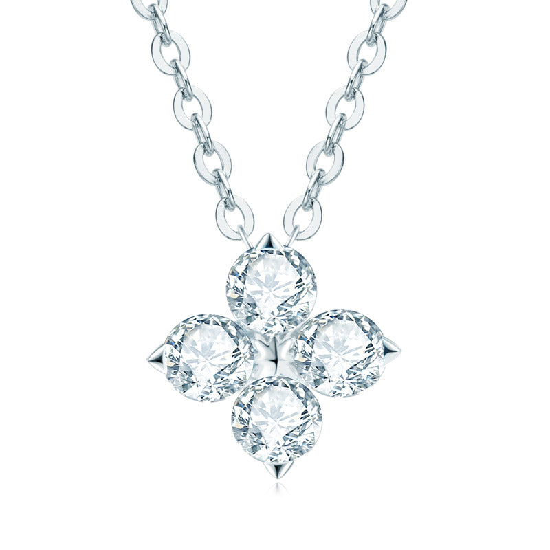 925 Sterling Silver Four-Leaf Clover Moissanite-Style Crystal Pendant Necklace — Lucky Charm Collarbone Chain for Women