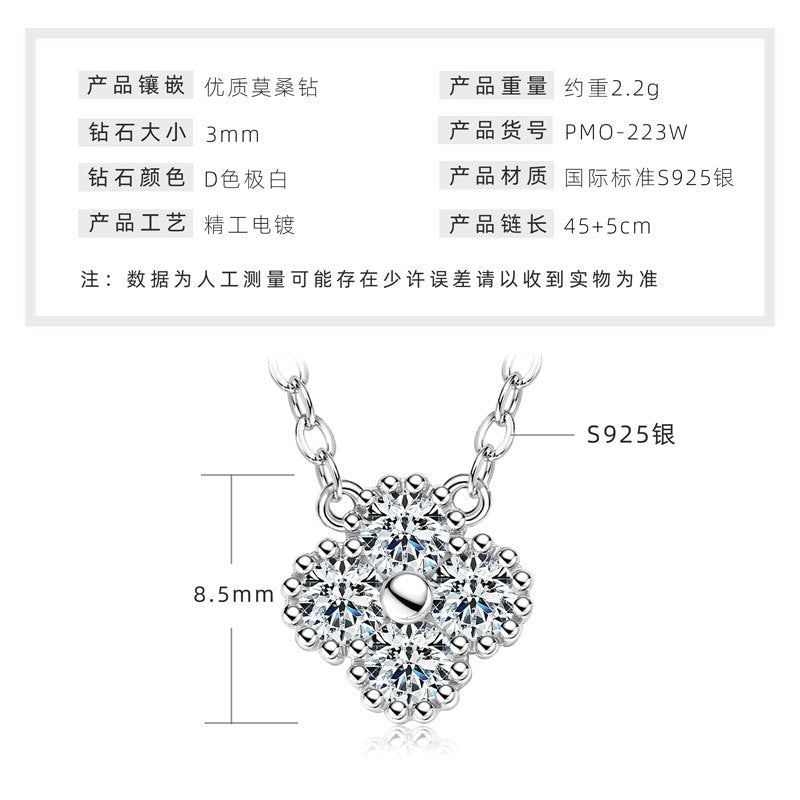925 Sterling Silver Four-Leaf Clover Moissanite-Style Crystal Pendant Necklace — Lucky Charm Collarbone Chain for Women