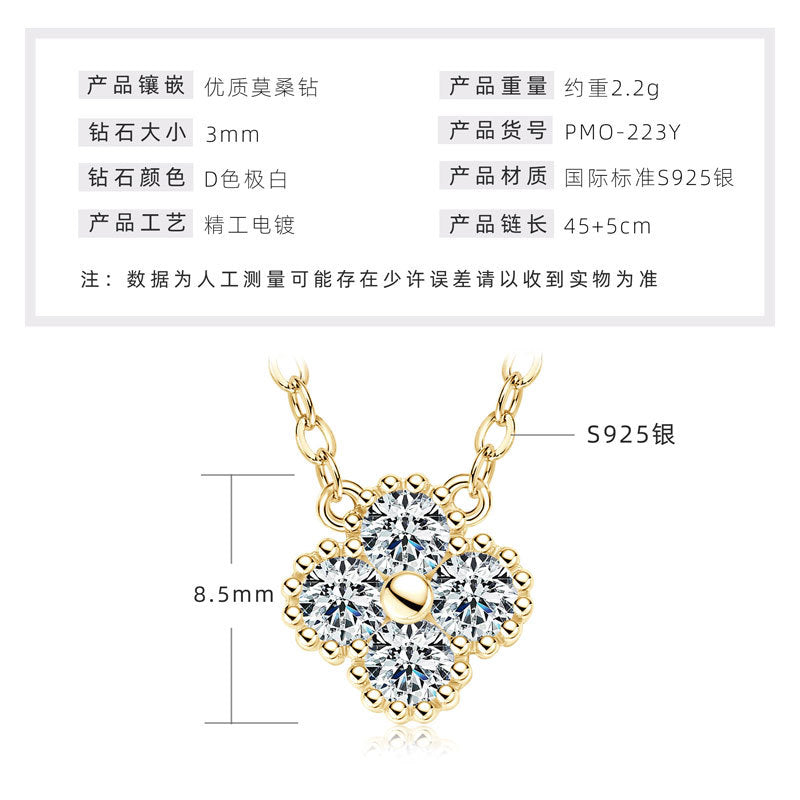 925 Sterling Silver Four-Leaf Clover Moissanite-Style Crystal Pendant Necklace — Lucky Charm Collarbone Chain for Women