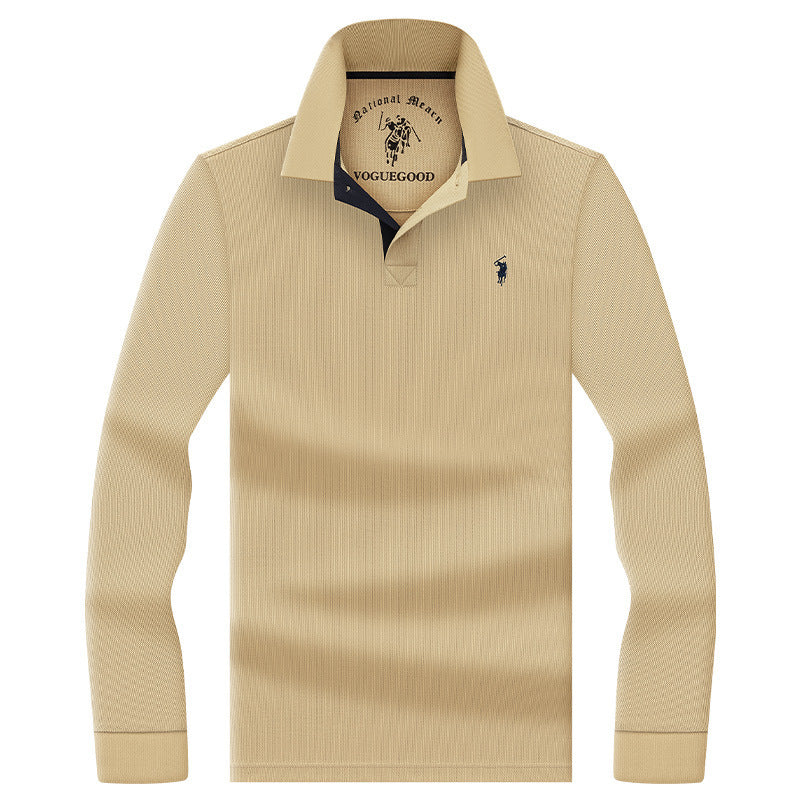 Men's pure cotton polo shirt in khaki with embroidered chest detail for classic business casual look.