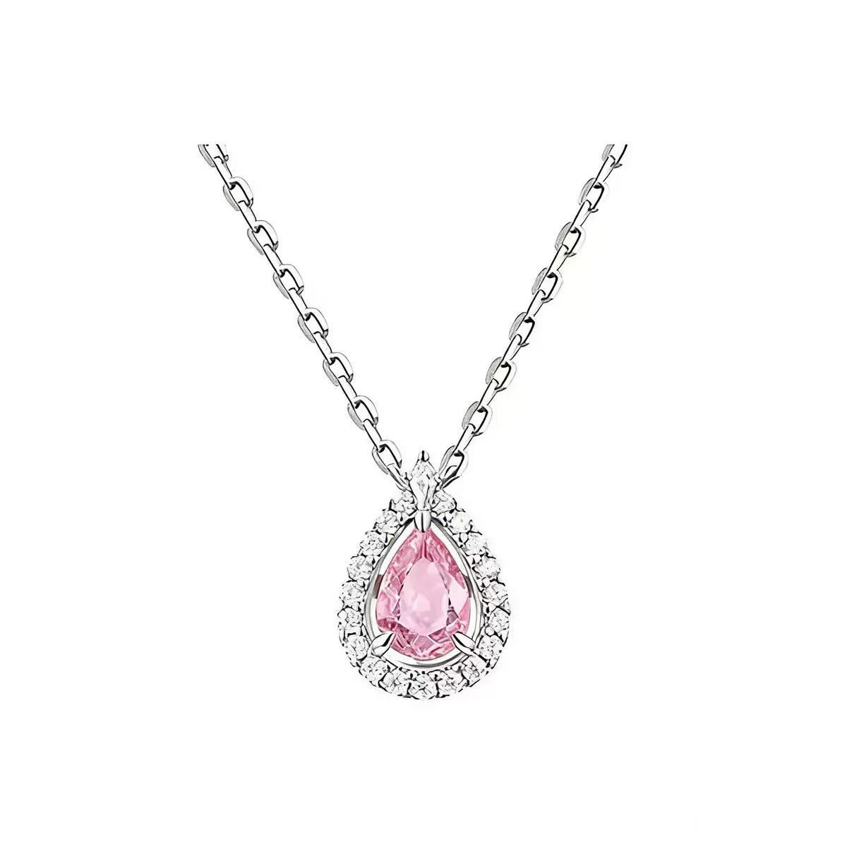 925 Sterling Silver Aquamarine Teardrop Halo Pendant Necklace with pear-cut pink crystal in halo setting.