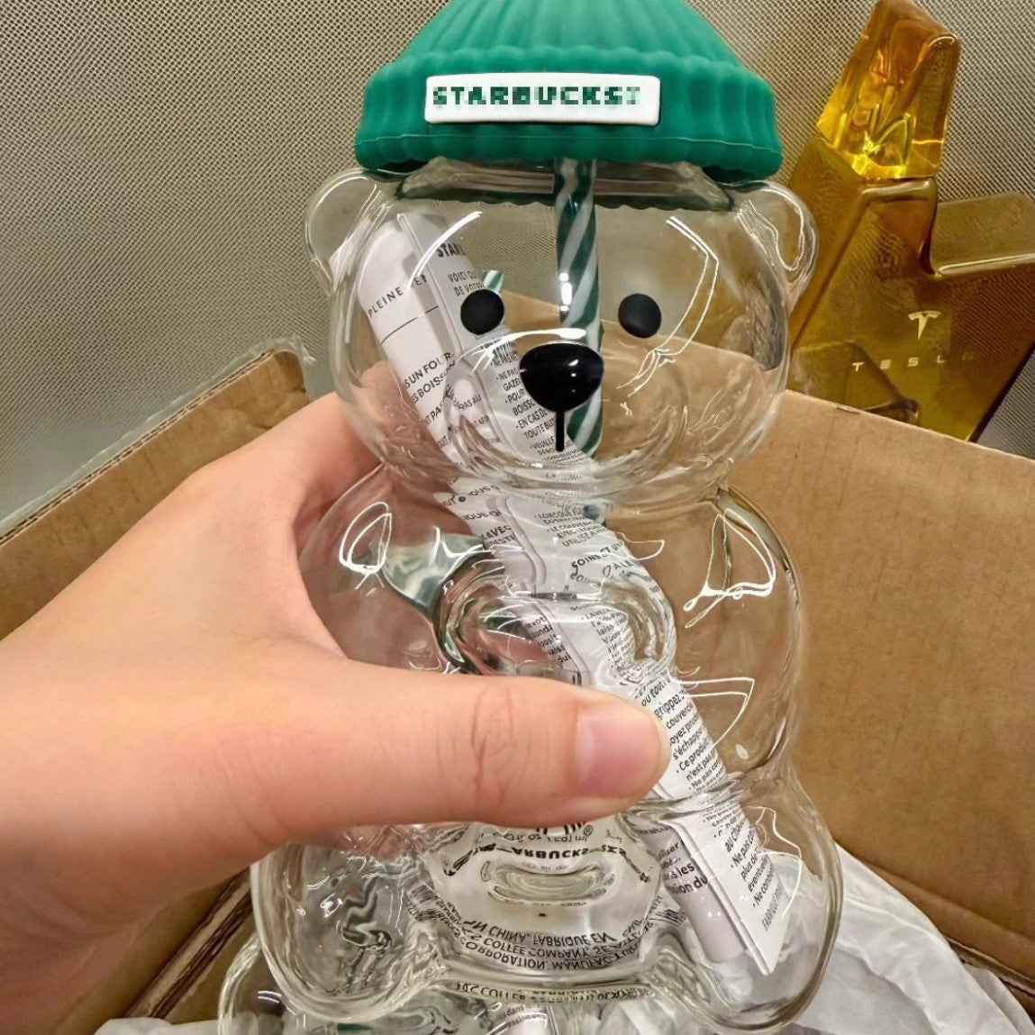 Bear-Shaped Glass Cup with Straw — Cute 591ml Iced Drink Cup