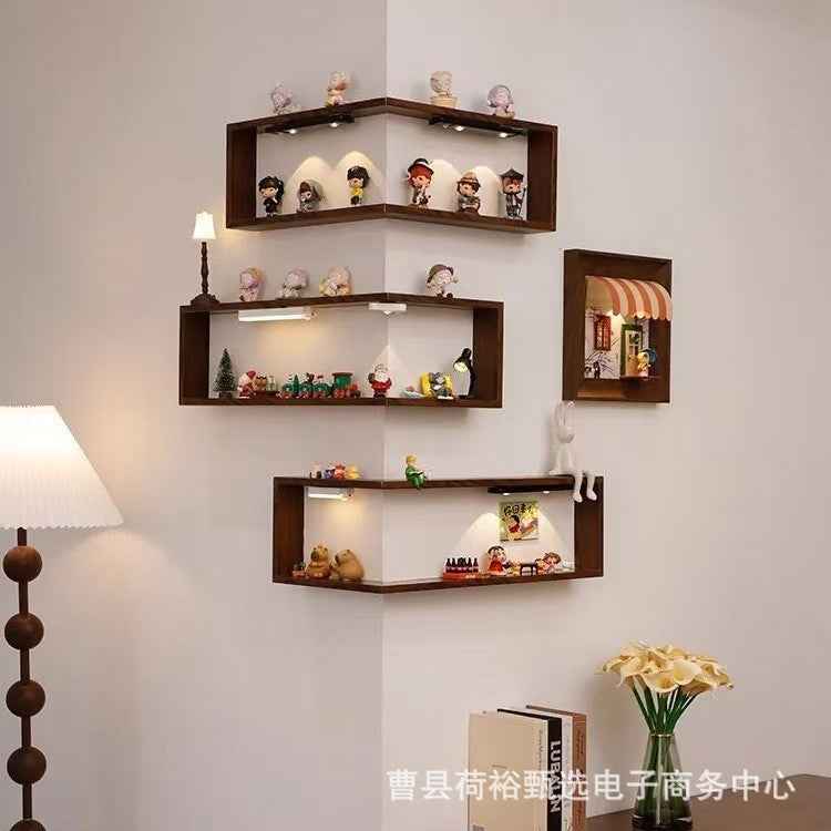Wooden Corner Wall Shelf — Floating 90° Corner Bookshelf & Display Rack for Living Room
