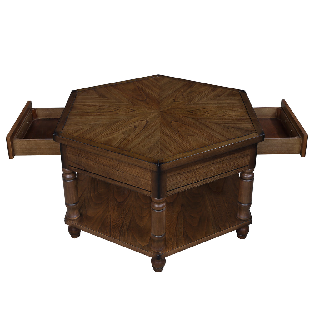 2 Tier Retro Hexagon Living Room Solid Wood Coffee Table with Shelf &amp; Drawer, 36'' Mid-Century Center Coffee Table for Living Room, Office. Cherry