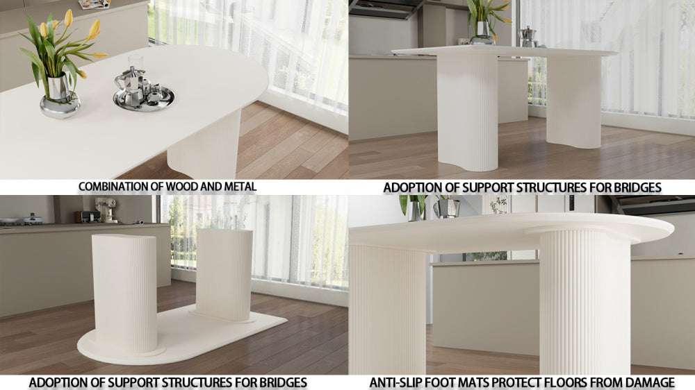 63 "Modern Fashion MDF New Cream Style Dining Table and Irregular Side Table, 4-8 Person Dining Table, Thick Engineering Wood Round Wave Table Legs, Home Kitchen Thick Elegant Cream White Table Top