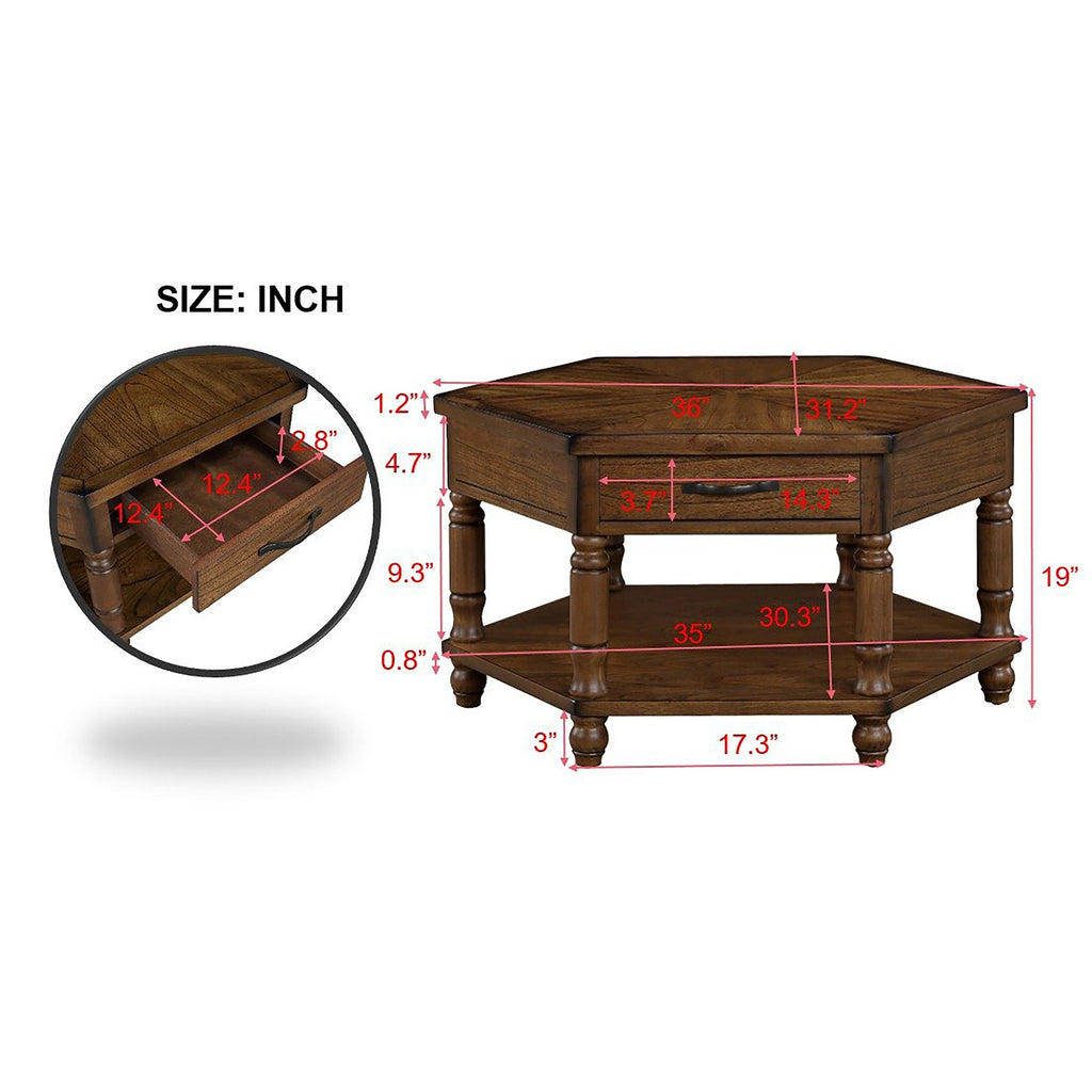 2 Tier Retro Hexagon Living Room Solid Wood Coffee Table with Shelf &amp; Drawer, 36'' Mid-Century Center Coffee Table for Living Room, Office. Cherry