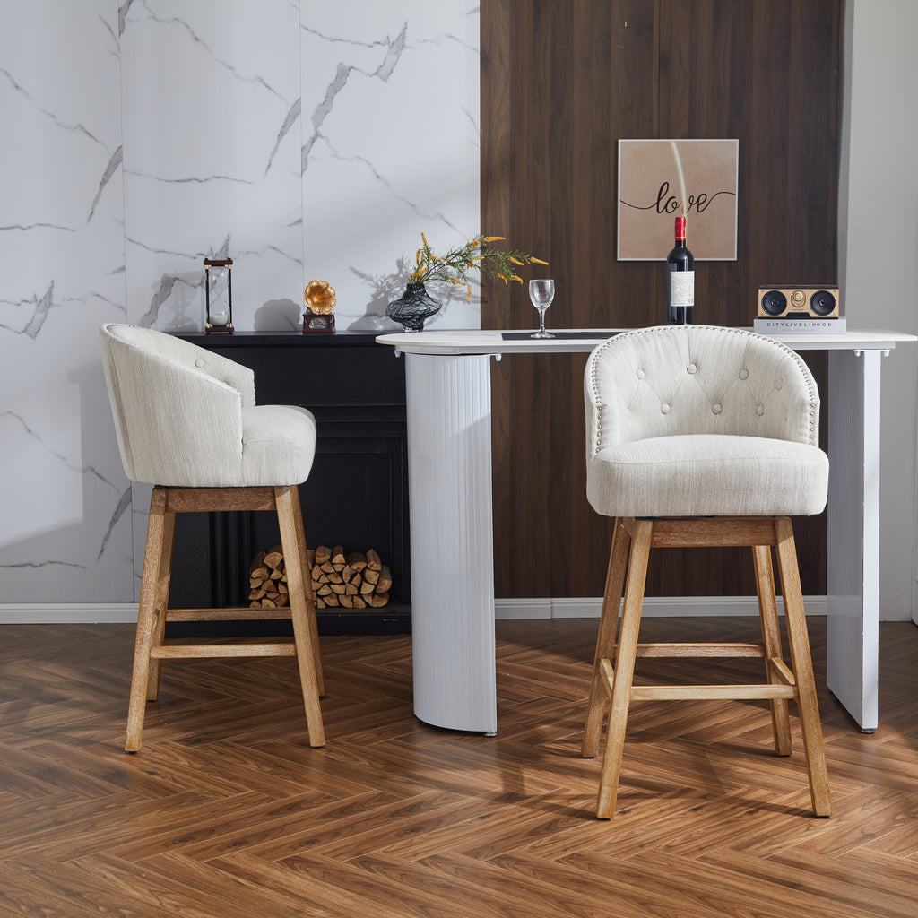 33.25" Swivel Counter Stools Set of 2, Upholstered Counter Height Bar Stools with Solid Rubber Wood Frame, Backrest, Footrest, Armless Barstools for Home Bar, Kitchen Counter, Natural + Beige