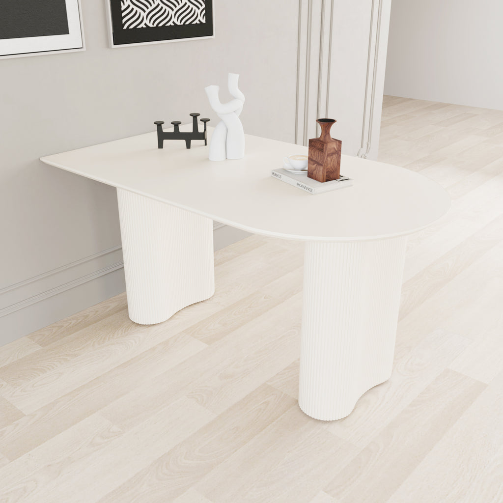 63 "Modern Fashion MDF New Cream Style Dining Table and Irregular Side Table, 4-8 Person Dining Table, Thick Engineering Wood Round Wave Table Legs, Home Kitchen Thick Elegant Cream White Table Top