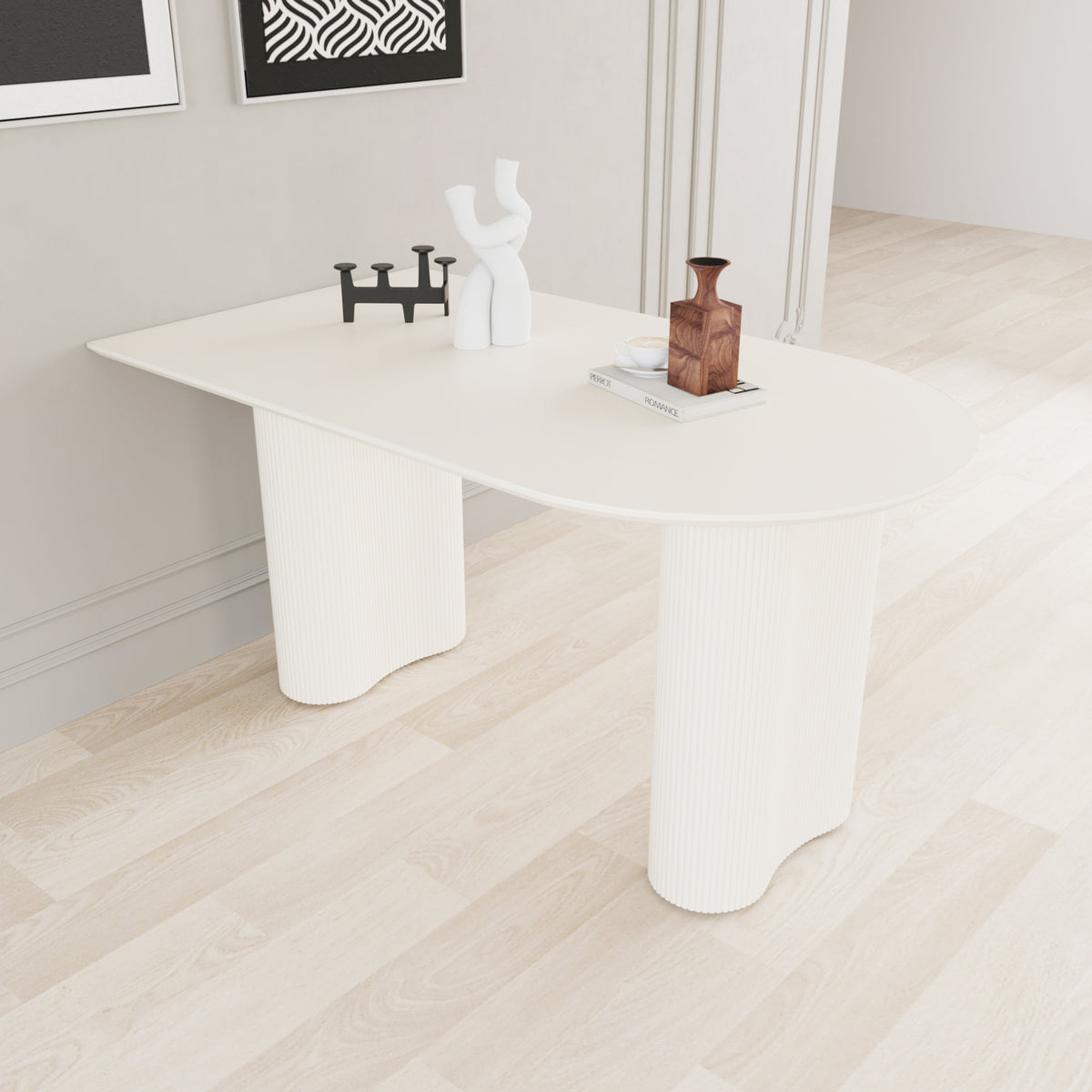 63 "Modern Fashion MDF New Cream Style Dining Table and Irregular Side Table, 4-8 Person Dining Table, Thick Engineering Wood Round Wave Table Legs, Home Kitchen Thick Elegant Cream White Table Top