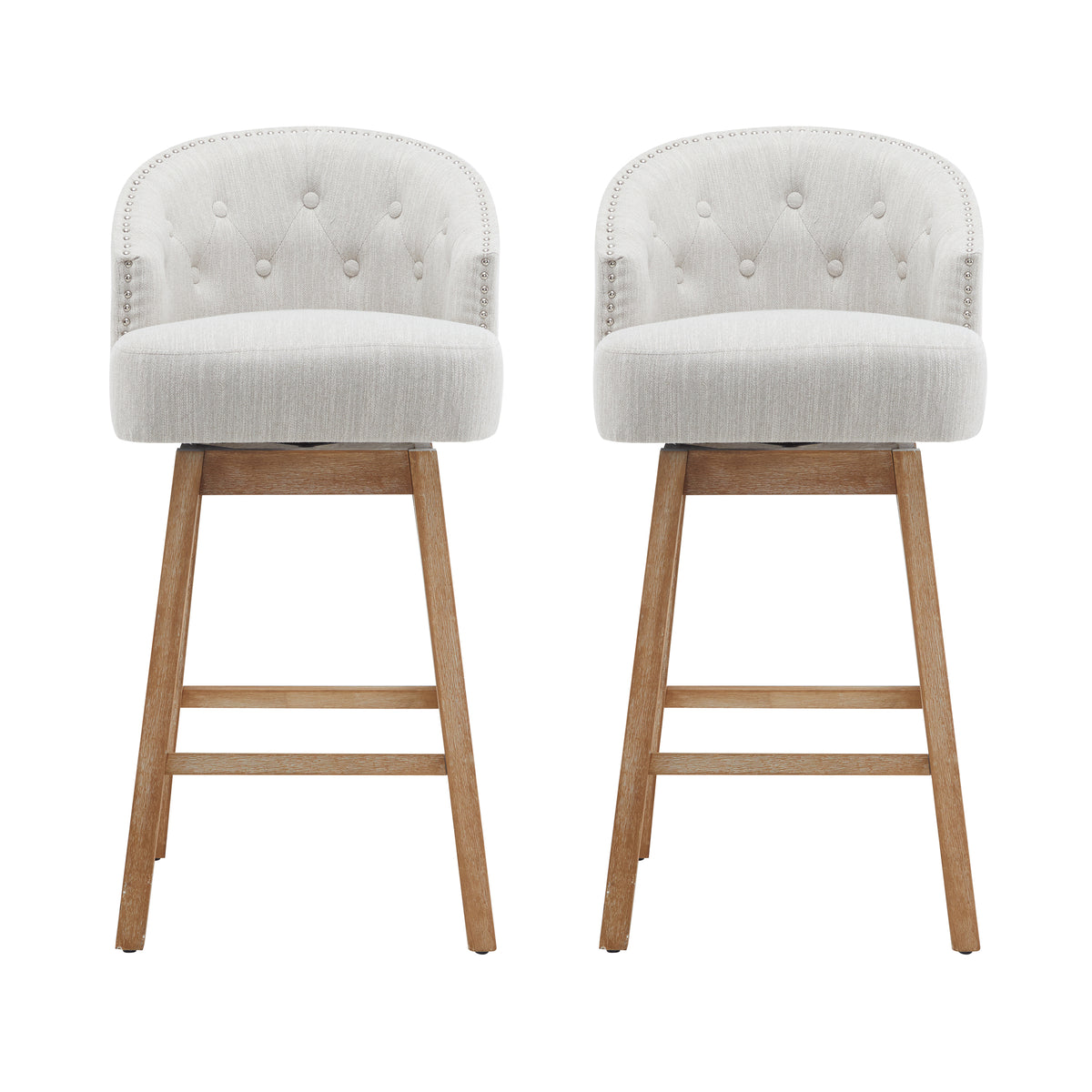 33.25" Swivel Counter Stools Set of 2, Upholstered Counter Height Bar Stools with Solid Rubber Wood Frame, Backrest, Footrest, Armless Barstools for Home Bar, Kitchen Counter, Natural + Beige