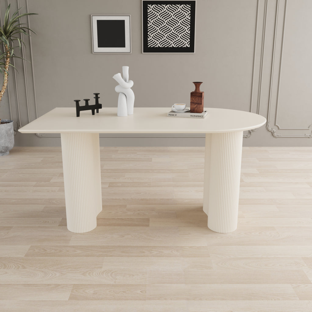 63 "Modern Fashion MDF New Cream Style Dining Table and Irregular Side Table, 4-8 Person Dining Table, Thick Engineering Wood Round Wave Table Legs, Home Kitchen Thick Elegant Cream White Table Top