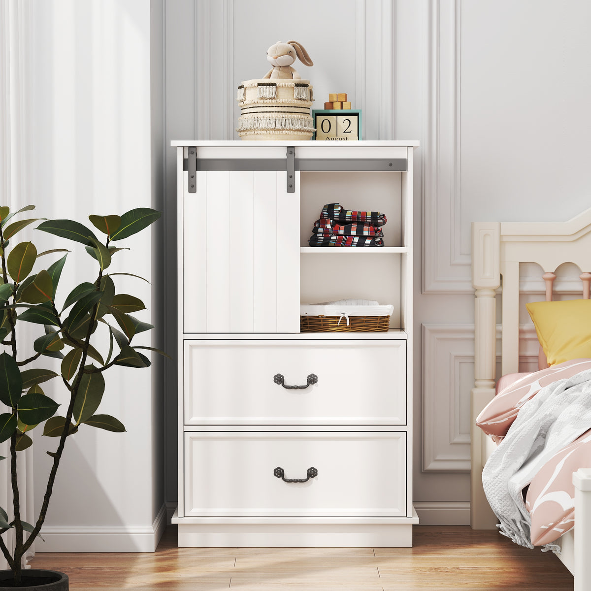 51'' Farmhouse Drawer Chest with Sliding Door, Multi-Storage Drawer Dresser with 5 Drawers and Storage Shelf, Tall Chest of Drawers with Adjustable Shelves for Bedroom, Living room