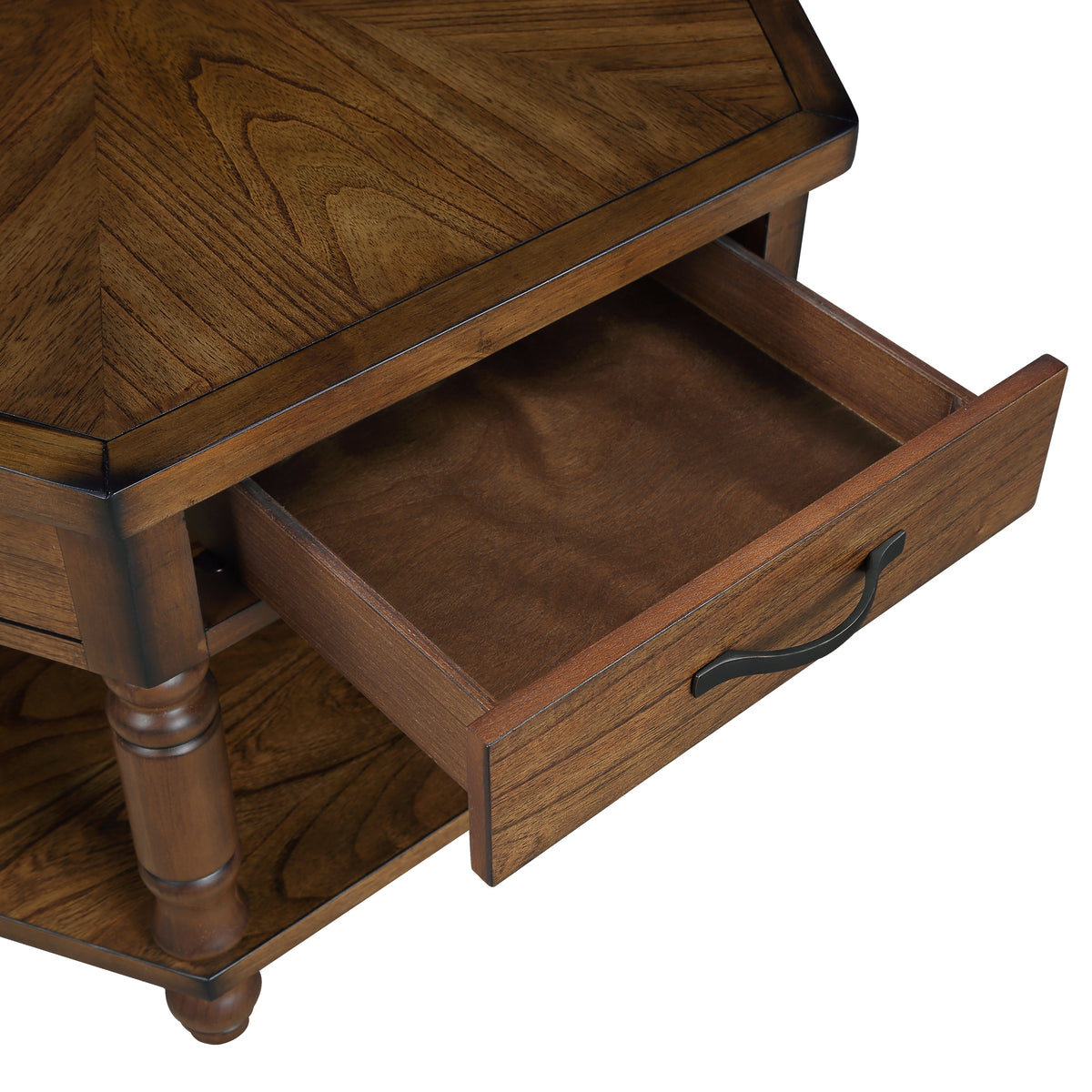 2 Tier Retro Hexagon Living Room Solid Wood Coffee Table with Shelf &amp; Drawer, 36'' Mid-Century Center Coffee Table for Living Room, Office. Cherry