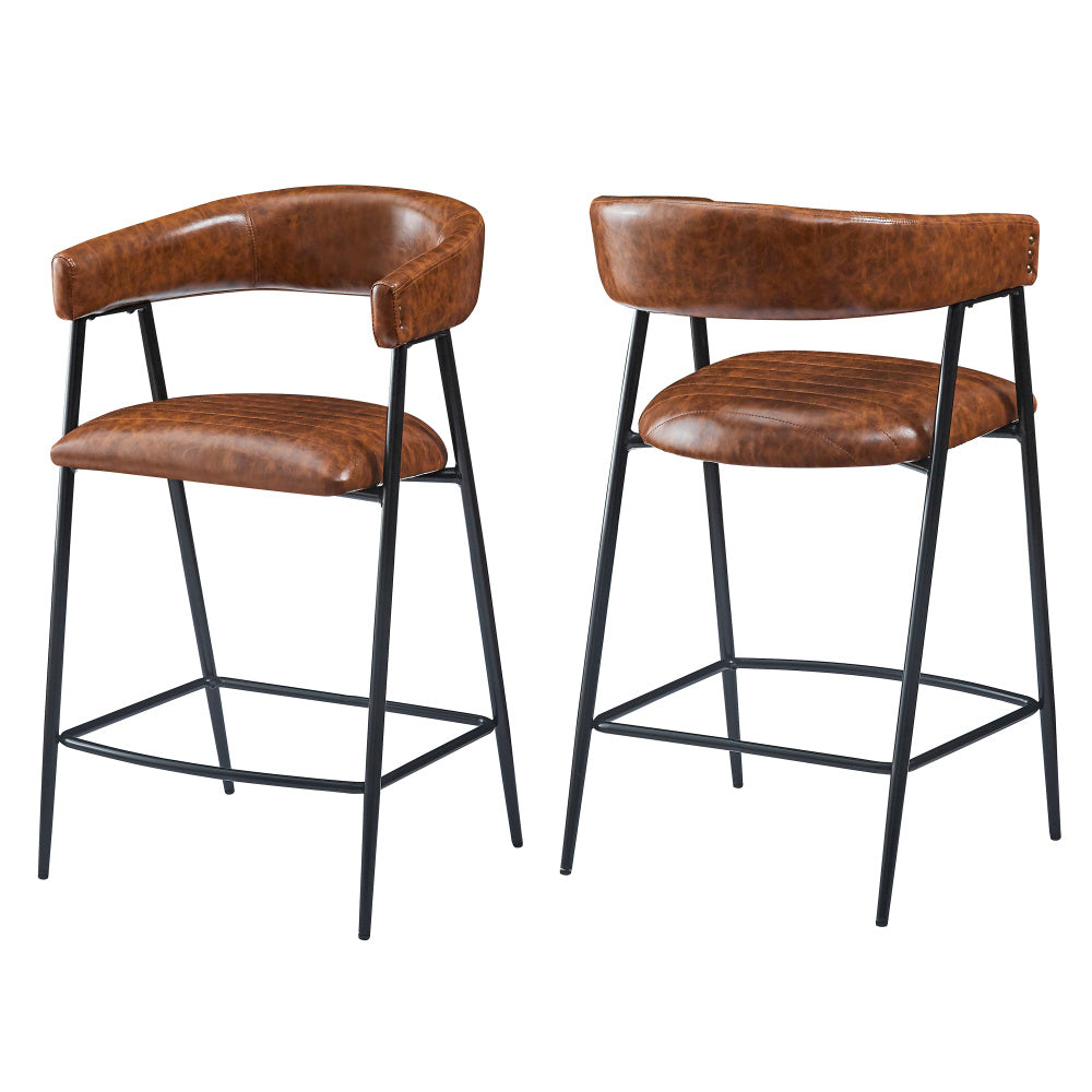 26'' Counter Stools Set of 2, Pu Upholstered Counter Stools with iron Frame, Backrest, Footrest, Arm counter stools for Home Bar, Kitchen Counter, Brown