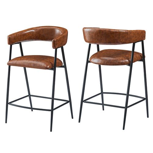 26'' Counter Stools Set of 2, Pu Upholstered Counter Stools with iron Frame, Backrest, Footrest, Arm counter stools for Home Bar, Kitchen Counter, Brown