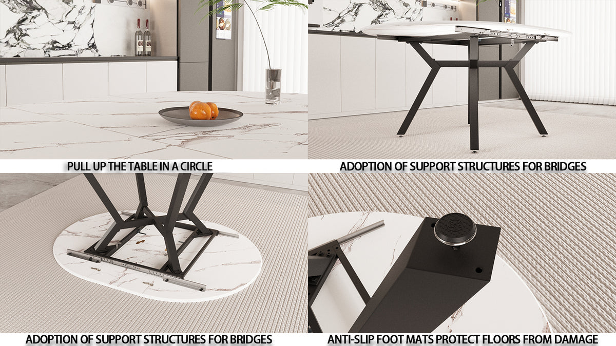 47-63 " extendable white circular dining table, 4-6 person kitchen dining table, modern coffee table with MDF tabletop and metal legs, suitable for kitchen&amp;home