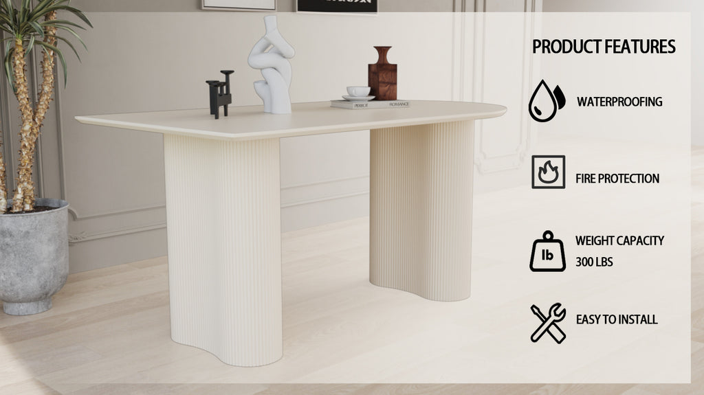 63 "Modern Fashion MDF New Cream Style Dining Table and Irregular Side Table, 4-8 Person Dining Table, Thick Engineering Wood Round Wave Table Legs, Home Kitchen Thick Elegant Cream White Table Top