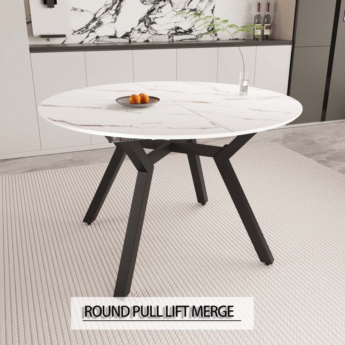 47-63 " extendable white circular dining table, 4-6 person kitchen dining table, modern coffee table with MDF tabletop and metal legs, suitable for kitchen&amp;home