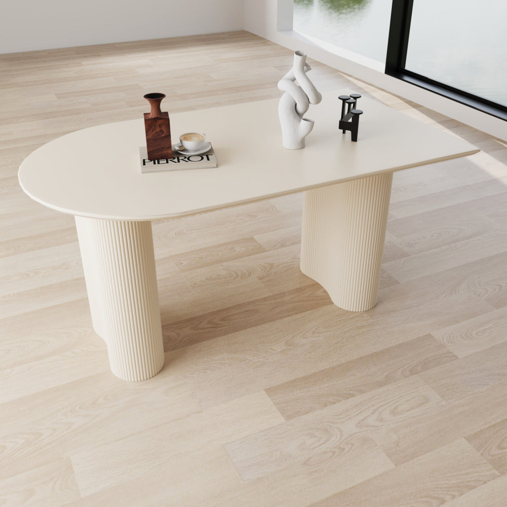 63 "Modern Fashion MDF New Cream Style Dining Table and Irregular Side Table, 4-8 Person Dining Table, Thick Engineering Wood Round Wave Table Legs, Home Kitchen Thick Elegant Cream White Table Top