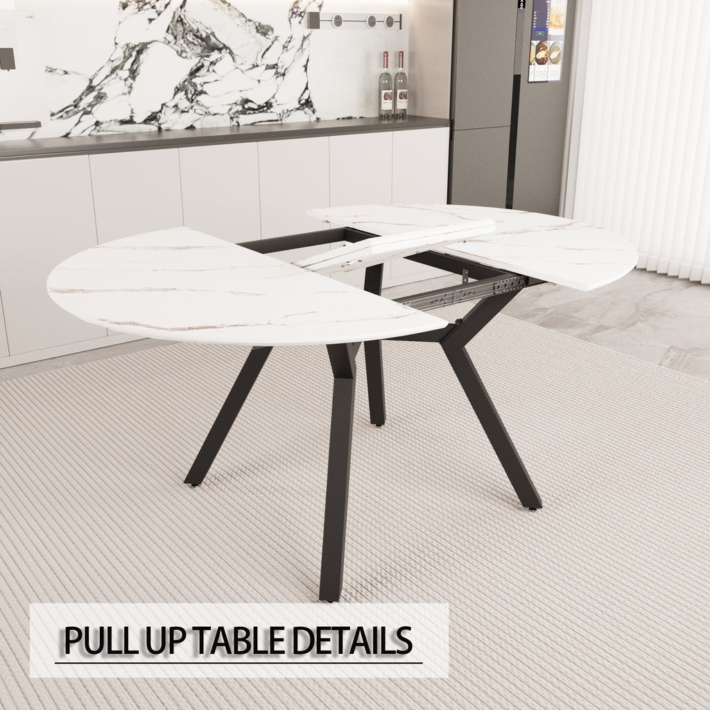 47-63 " extendable white circular dining table, 4-6 person kitchen dining table, modern coffee table with MDF tabletop and metal legs, suitable for kitchen&amp;home