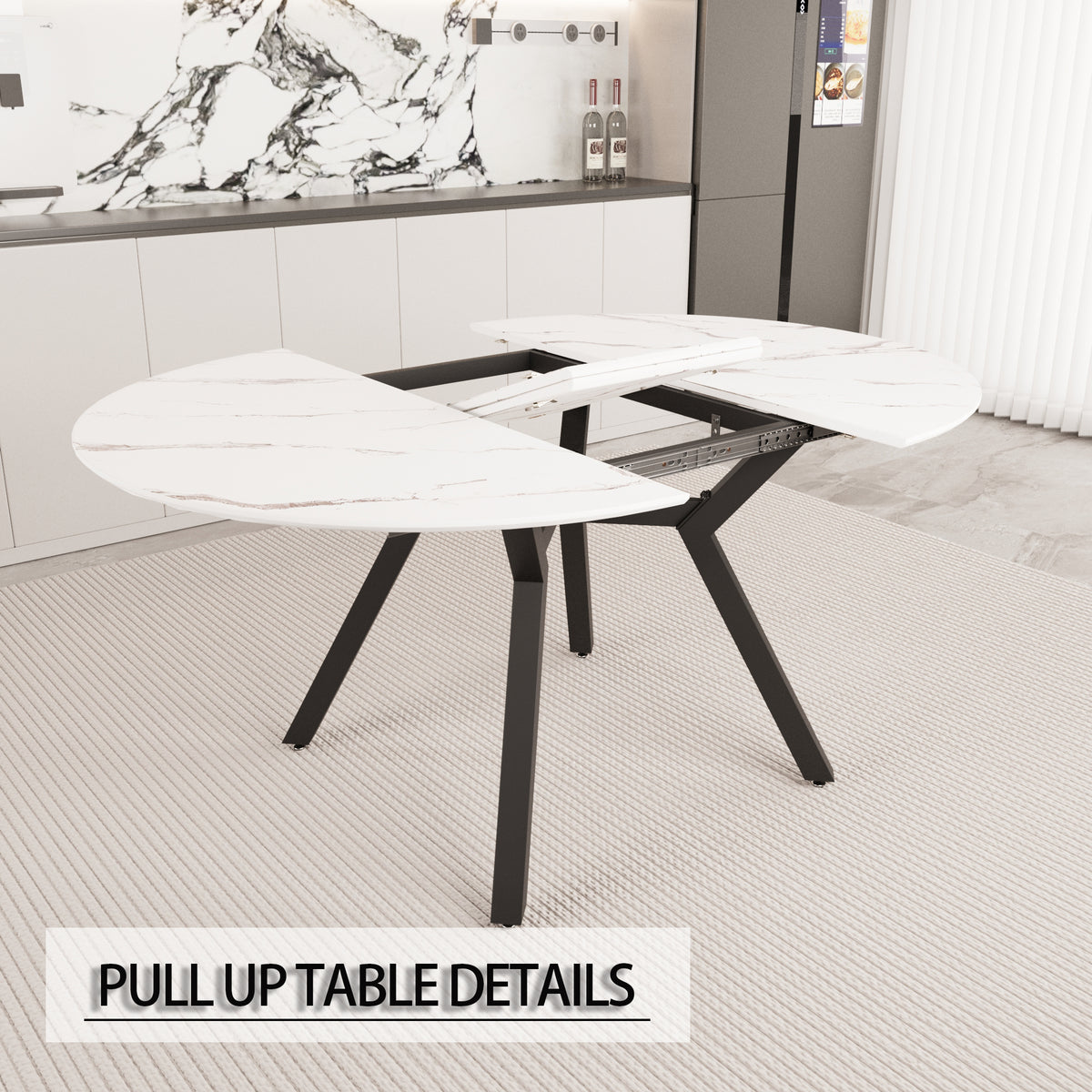 47-63 " extendable white circular dining table, 4-6 person kitchen dining table, modern coffee table with MDF tabletop and metal legs, suitable for kitchen&amp;home